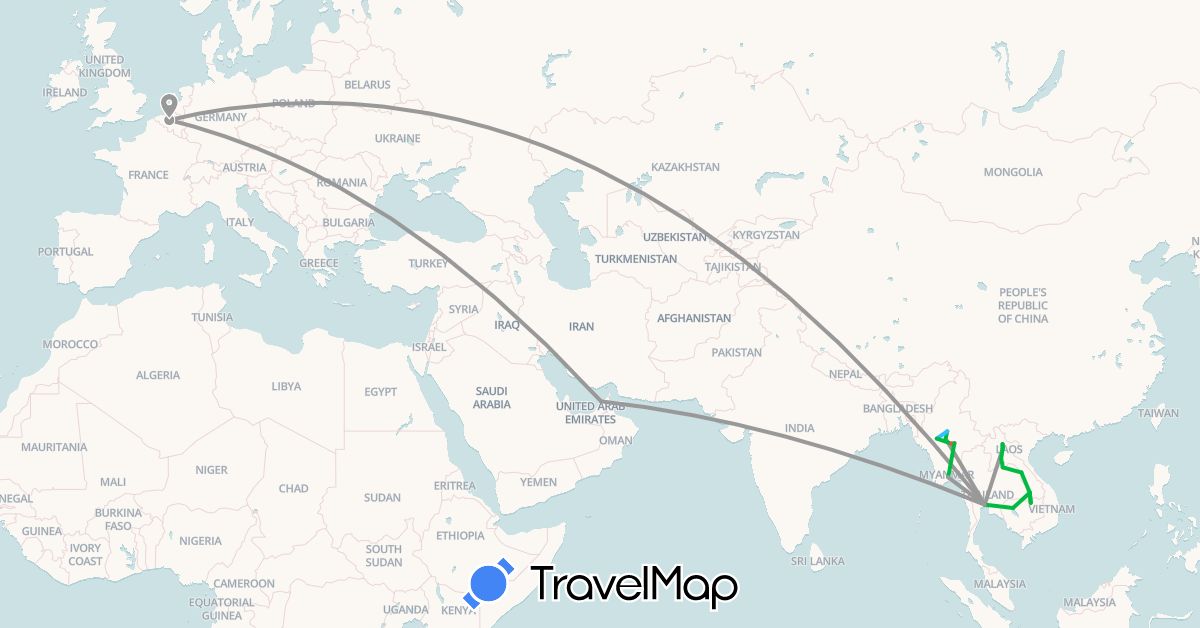 TravelMap itinerary: bus, plane, hiking, boat in United Arab Emirates, Belgium, Cambodia, Laos, Myanmar (Burma), Thailand (Asia, Europe)